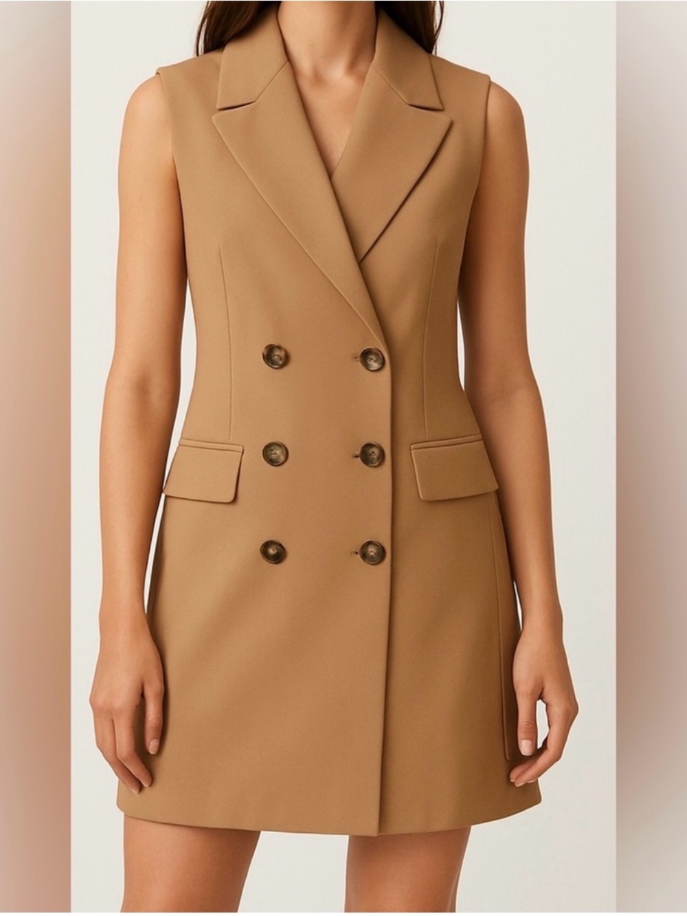 Sleeveless Double-Breasted Mini Dress in Camel